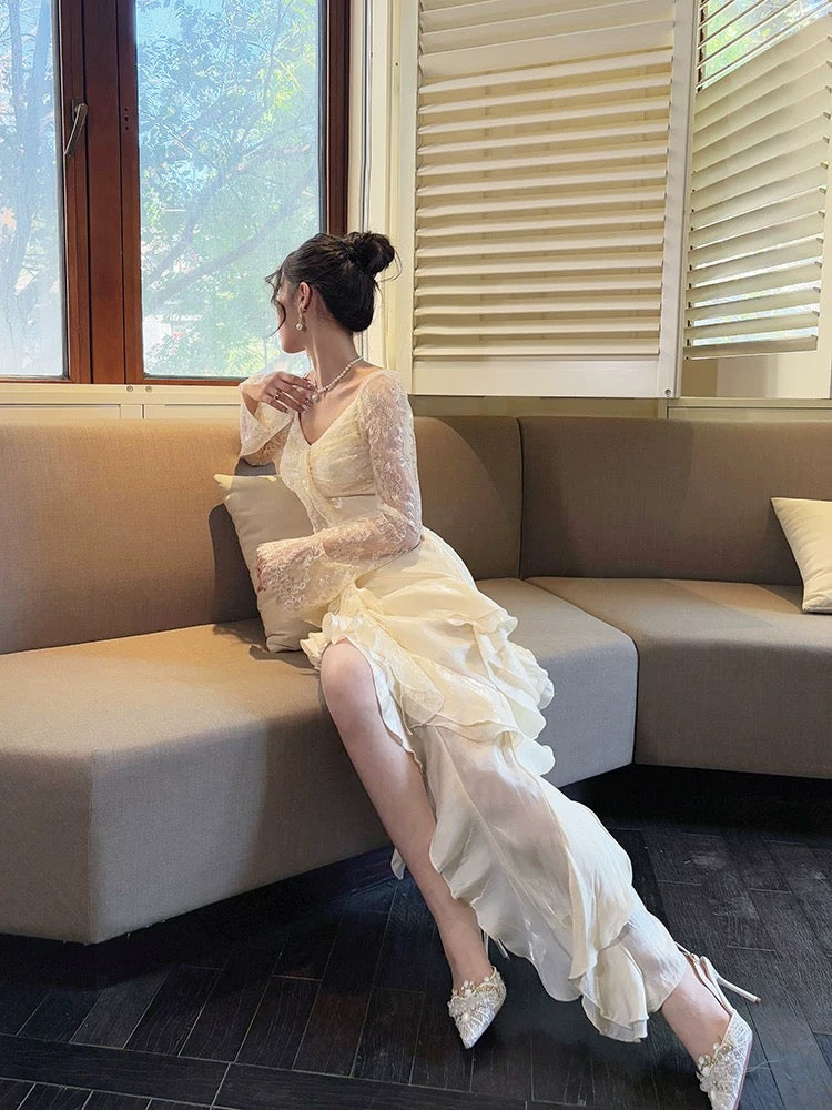 Sexy High Low V Neckline White Lace Ruffles Long Evening Dress Lace Prom Dresses SD2822