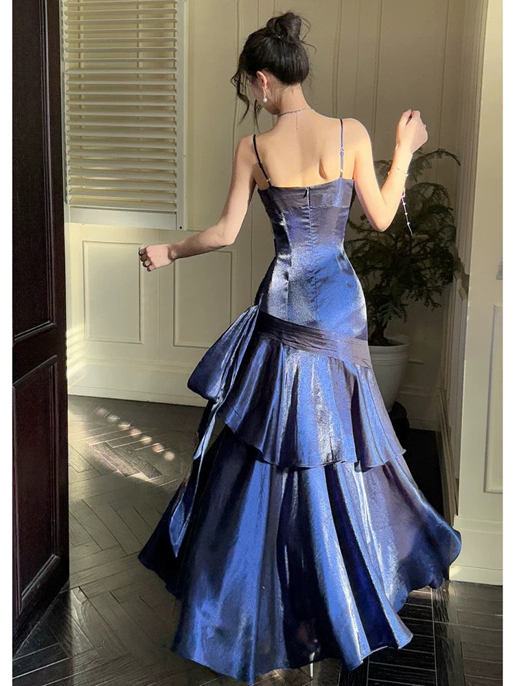 Retro Mermaid Spaghetti Straps Royal Blue Long Length Evening Dress Prom Dresses SD2824