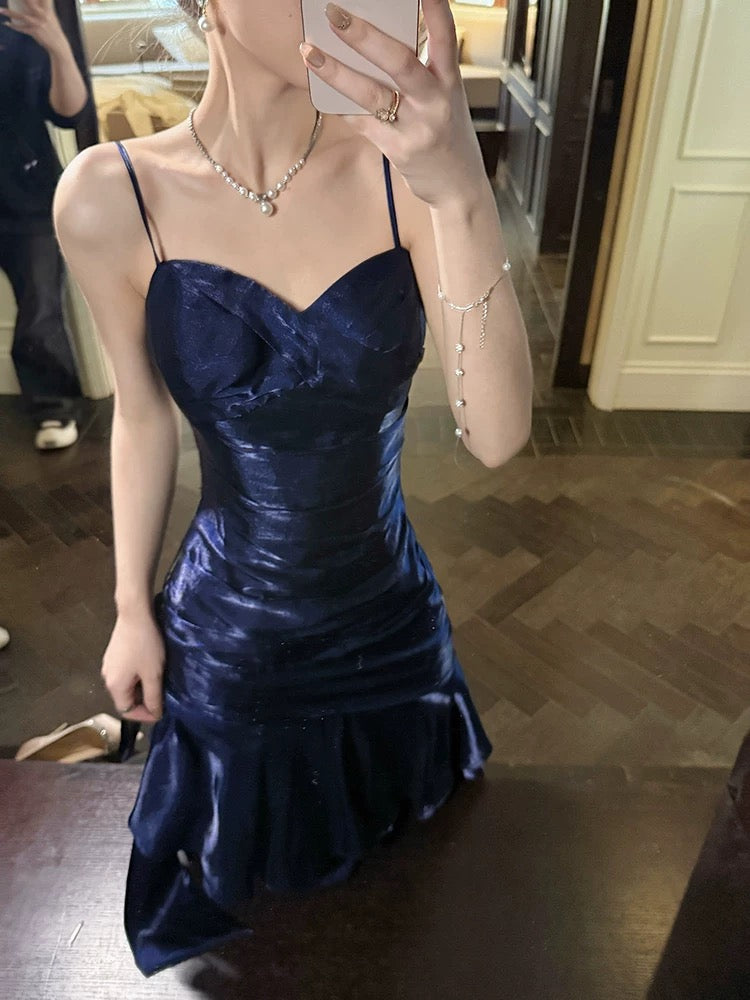 Retro Mermaid Spaghetti Straps Royal Blue Long Length Evening Dress Prom Dresses SD2824