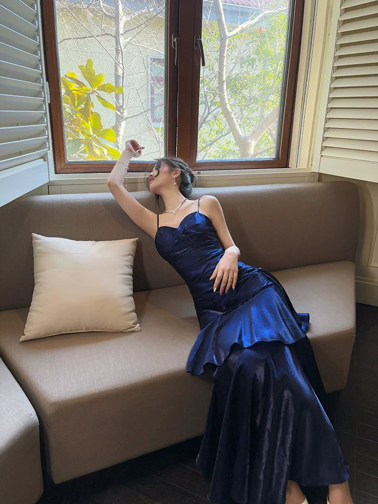 Retro Mermaid Spaghetti Straps Royal Blue Long Length Evening Dress Prom Dresses SD2824