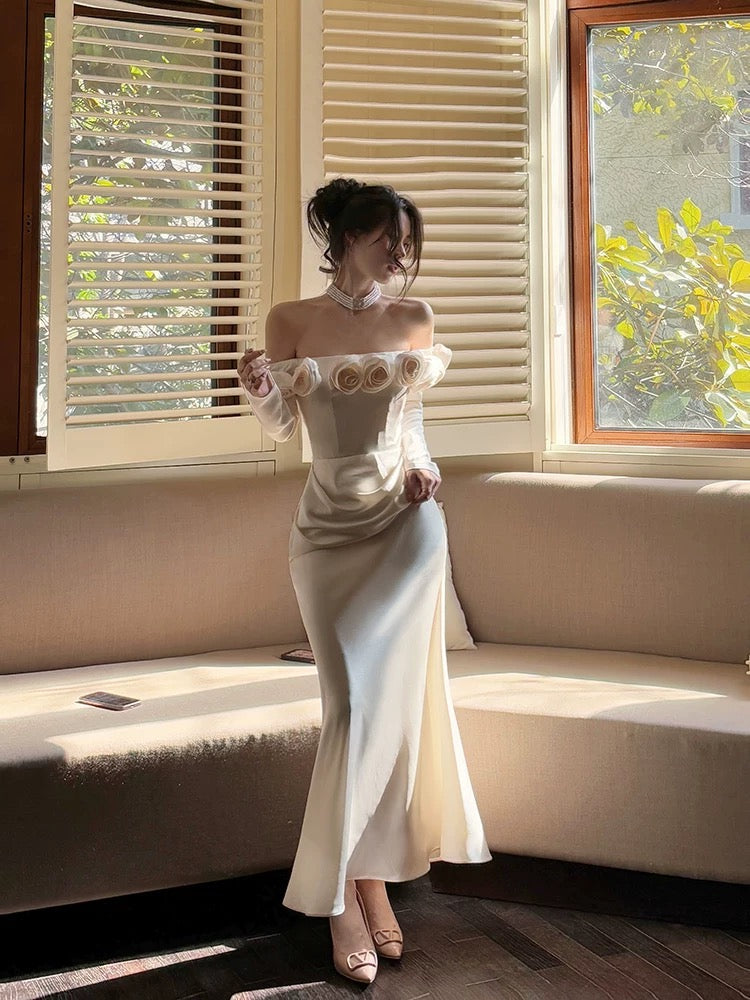 Sexy Mermaid Off The Shoulder Flowers Satin Long Evening Dress Prom Dresses SD2826