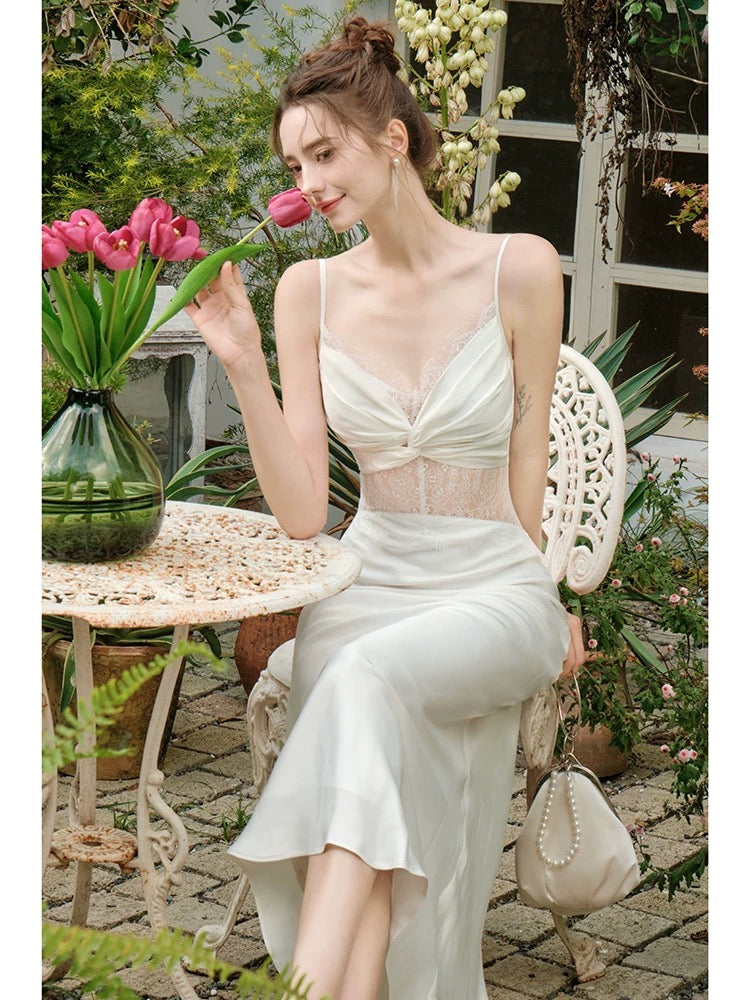 Retro Mermaid Spaghetti Straps White Long Length Evening Dress Prom Dresses SD2828