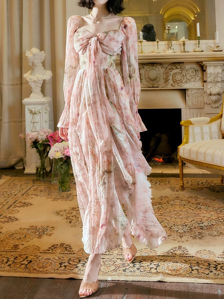Pretty A Line Sweetheart Long Sleeves Pink Floral Chiffon Ankle Length Evening Dress Prom Dresses SD2830