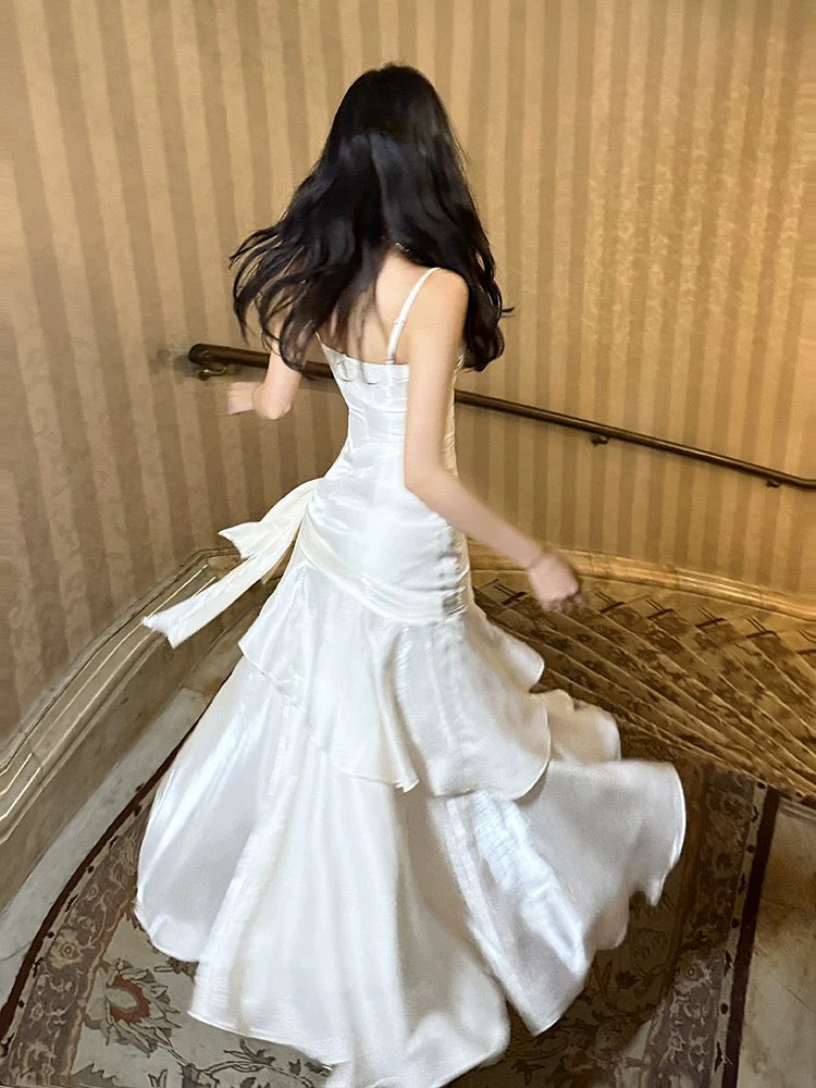 Retro Mermaid Spaghetti Straps Long Length White Evening Dress Prom Dresses SD2840