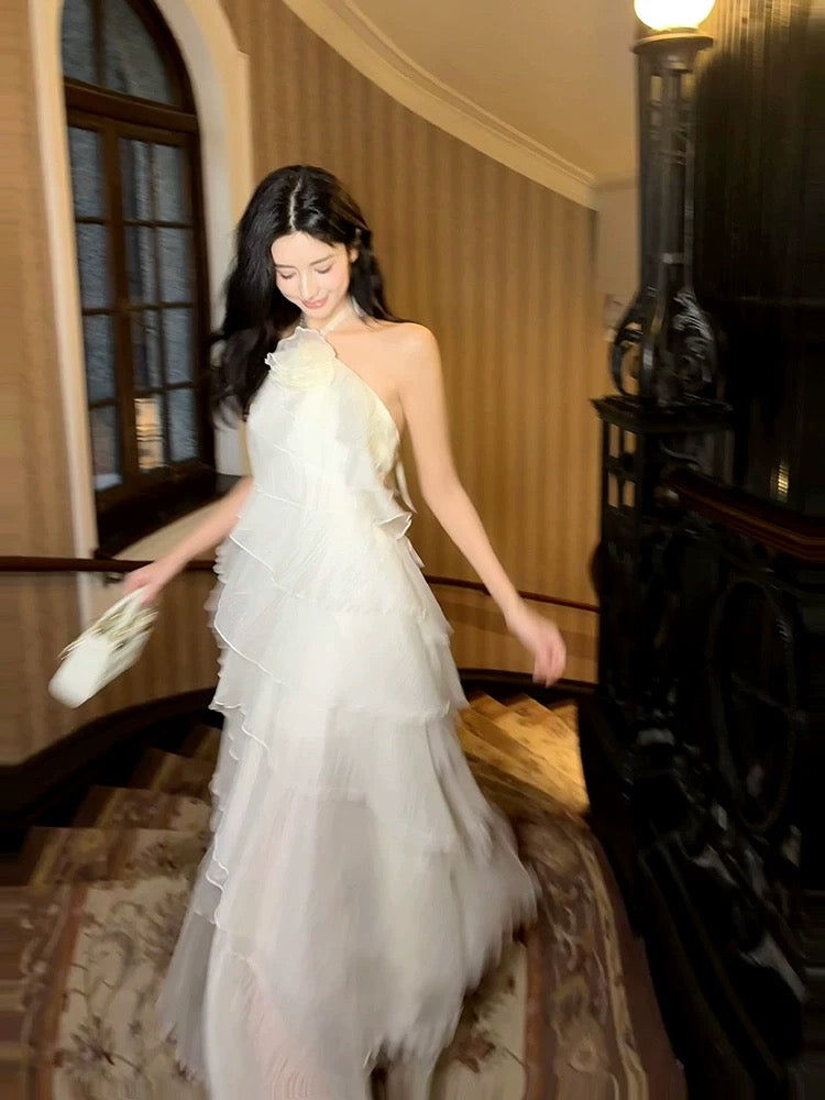 Sexy A Line Halter Neckline Chiffon Ruffles Evening Dress Prom Dresses SD2843