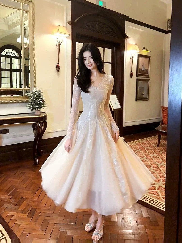 Modest A line V Neckline Lace Ankle Length Evening Dress Prom Dresses SD2846