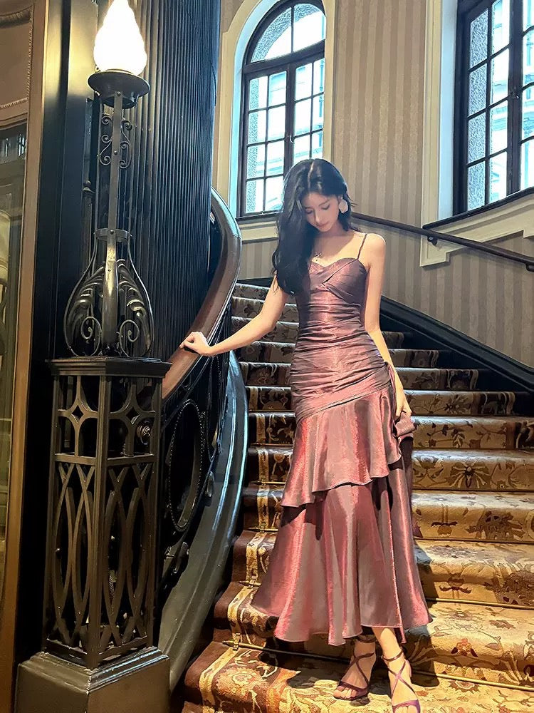 Retro Mermaid Spaghetti Straps Long Length Grape Evening Dress Prom Dresses SD2848