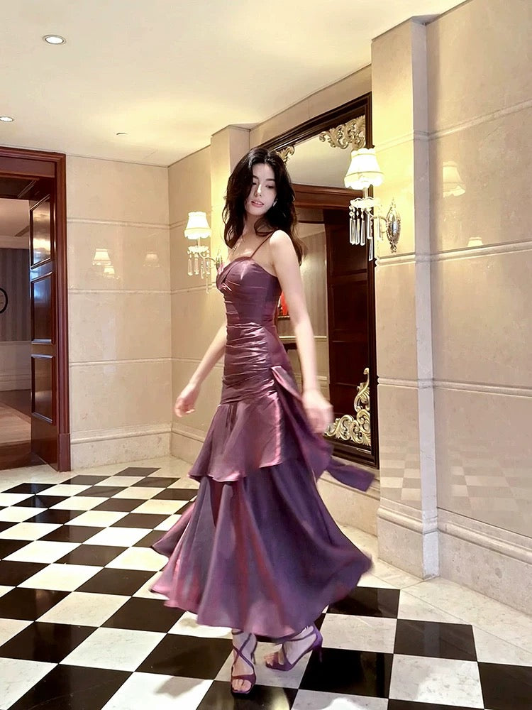 Retro Mermaid Spaghetti Straps Long Length Grape Evening Dress Prom Dresses SD2848