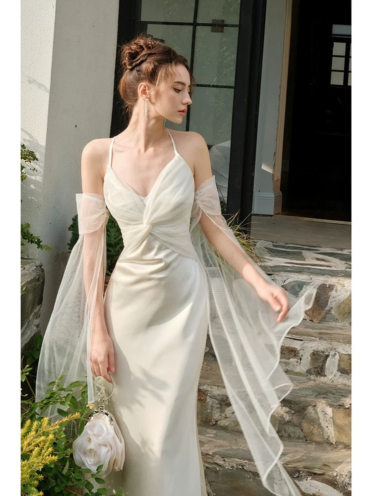 Pretty Mermaid Spaghetti Straps White Ankle Length Evening Dress Prom Dresses SD2853