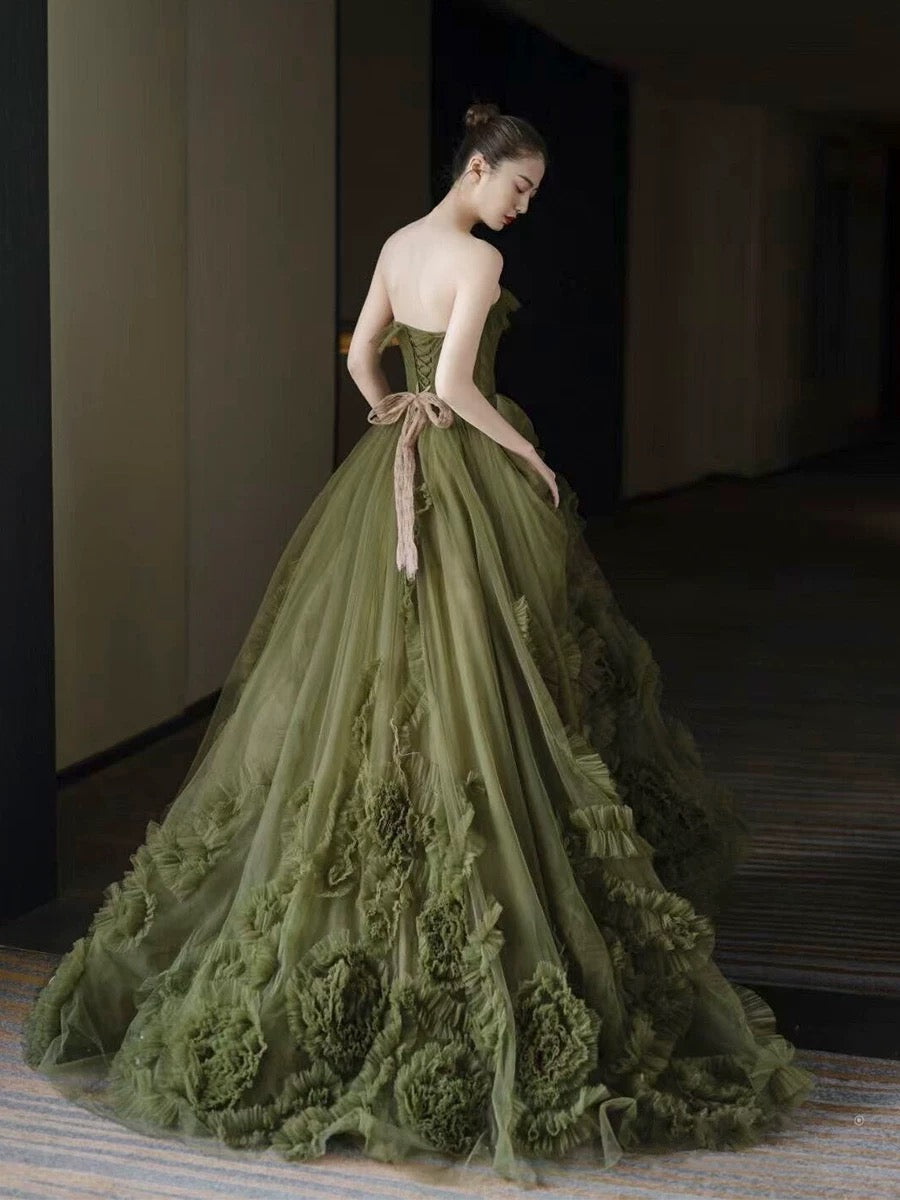 Sexy Ball Gown Strapless Neckline Green Ruffles Evening Dress Prom Dresses SD2855