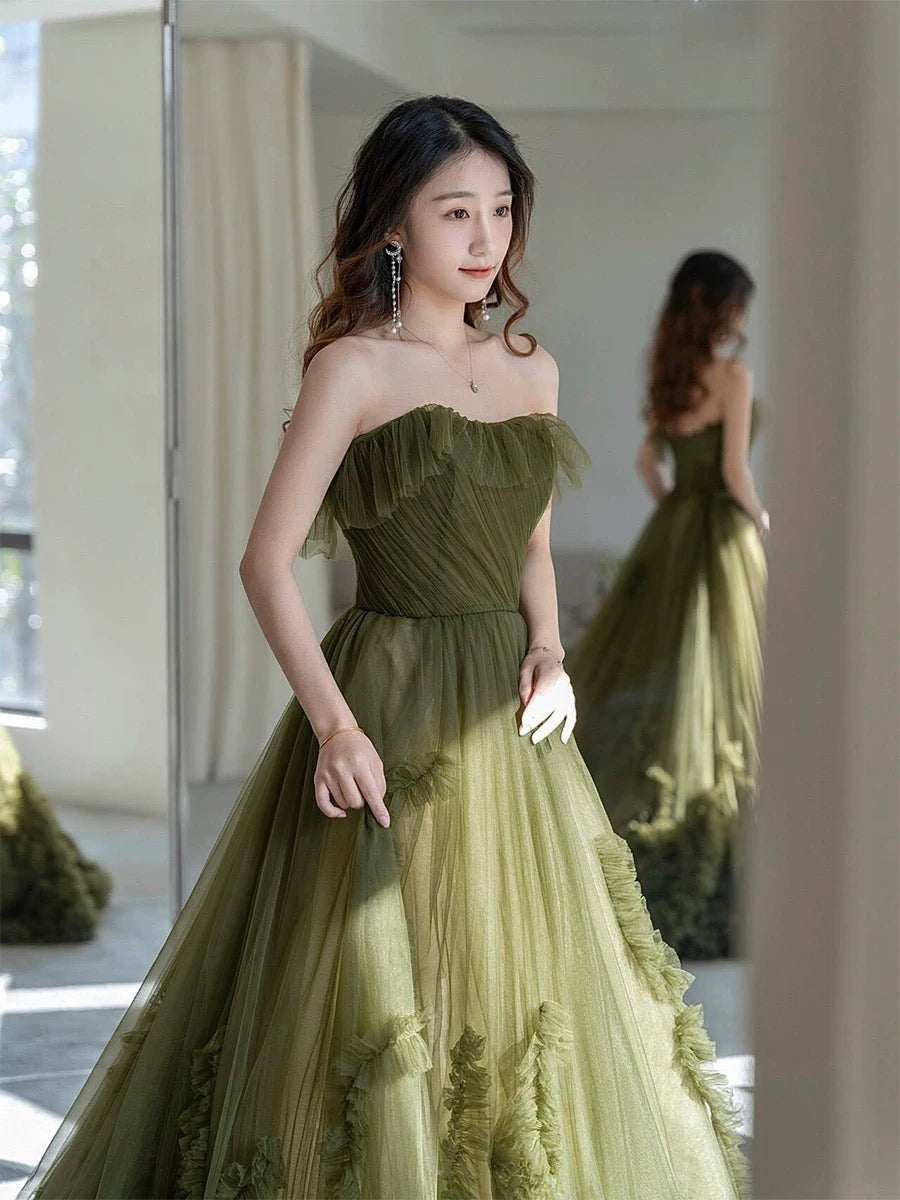 Sexy Ball Gown Strapless Neckline Green Ruffles Evening Dress Prom Dresses SD2855