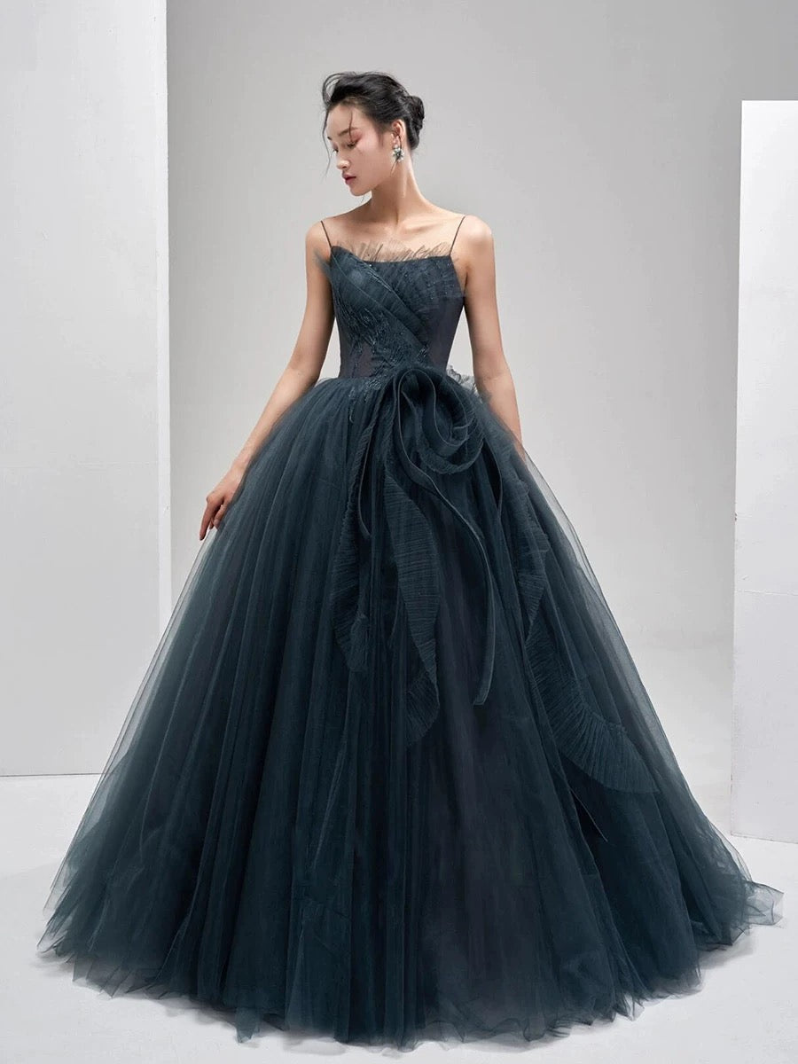 Sexy Ball Gown Spaghetti Straps Neckline Gray Tulle Evening Dress Prom Dresses SD2860