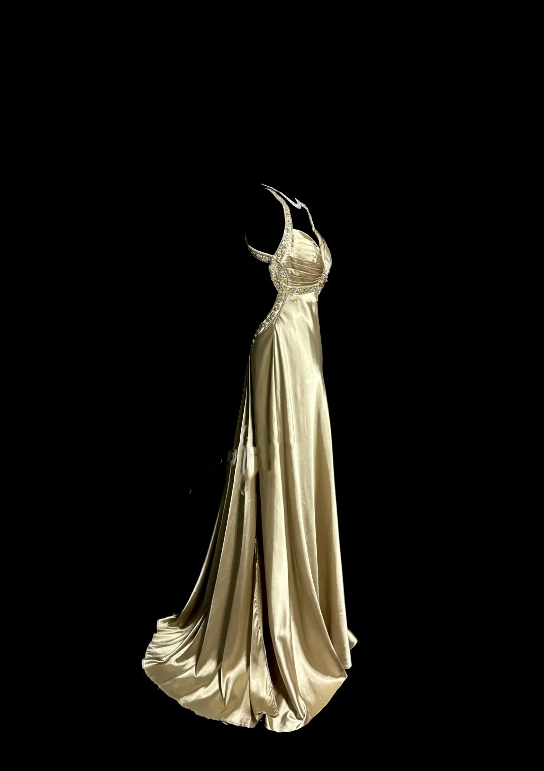 Aesthetic A line Halter Neckline Champagne Satin Prom Dress Ruffle Long Party Dress SD2908