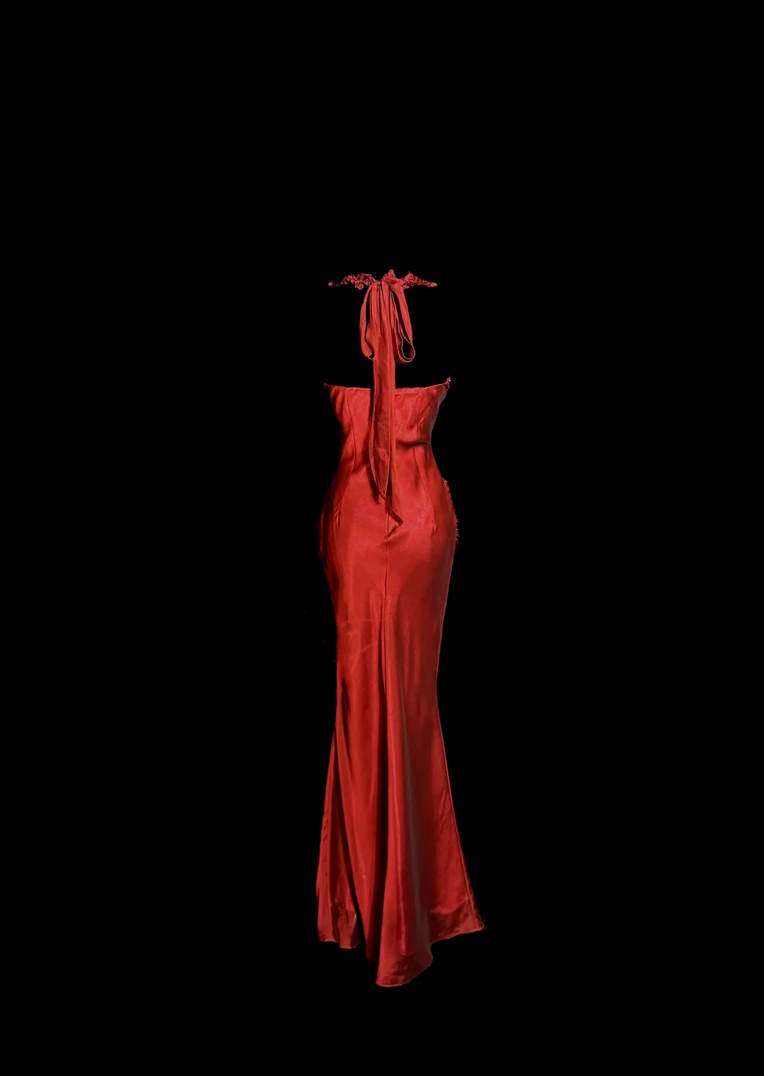 Aesthetic Mermaid Halter Neckline Red Satin Prom Dress Ruffle Long Party Dress SD2912