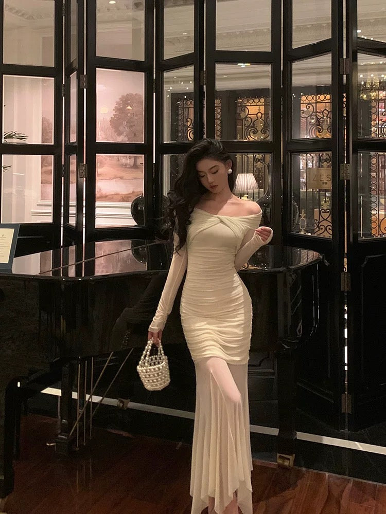 Modest Sheath Off The Shoulder Long Sleeves Beige Prom Dresses Evening Dress SD421