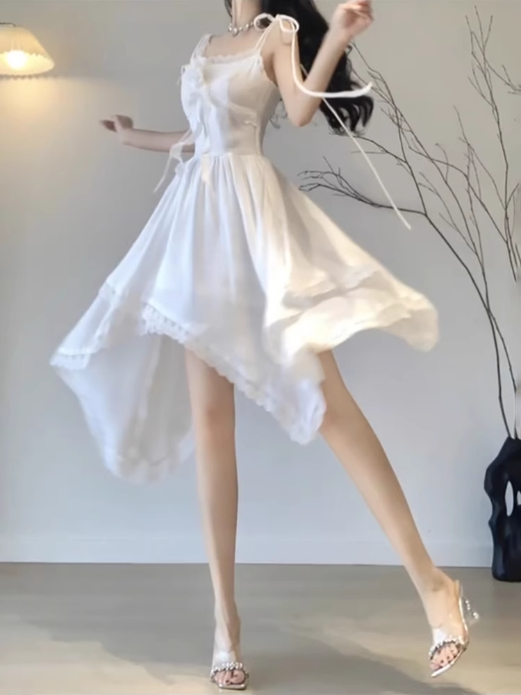 Sexy High Low Straps White Chiffon Party Prom Dresses Birthday Outfits SD563