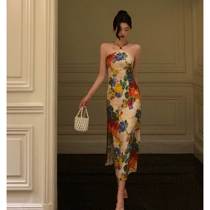 Stunning Sheath Halter Sleeveless Floral Date Night Dress Prom Dresses Birthday Outfit SD772