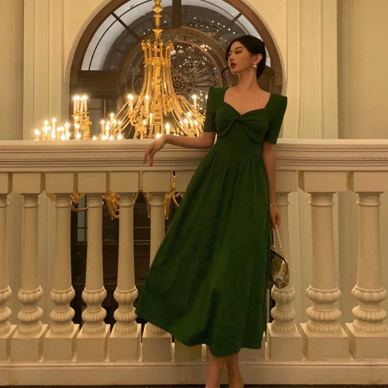 Stunning A Line Square Neckline Half Sleeves Dark Green Pleated Prom Dresses Birthday Outfit SD775