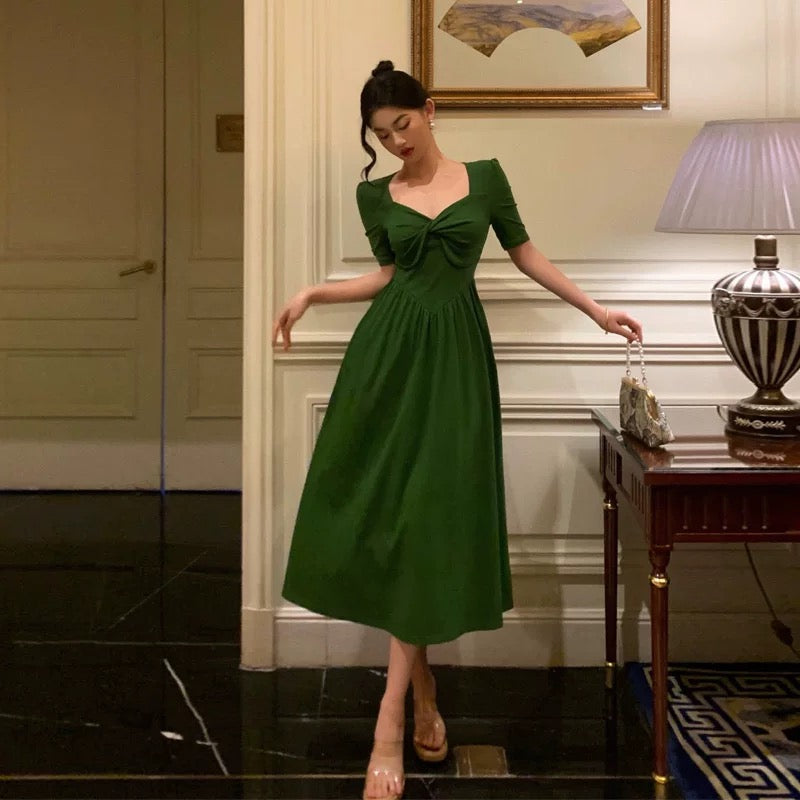 Stunning A Line Square Neckline Half Sleeves Dark Green Pleated Prom Dresses Birthday Outfit SD775