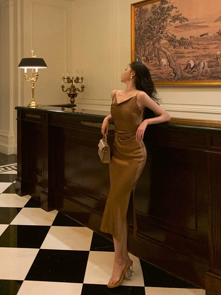 Sexy Sheath Spaghetti Straps Brown Satin Tea Length Slit Prom Dresses Birthday Outfit SD776