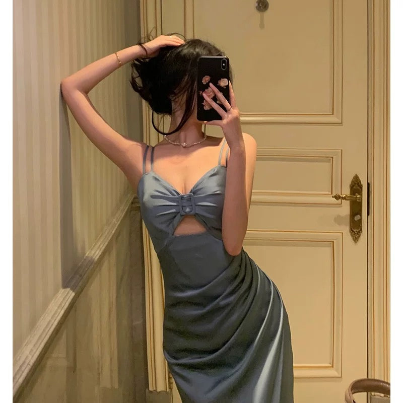 Stunning Sheath Spaghetti Straps Dusty Blue Date Night Dress Prom Dresses Birthday Outfit SD800