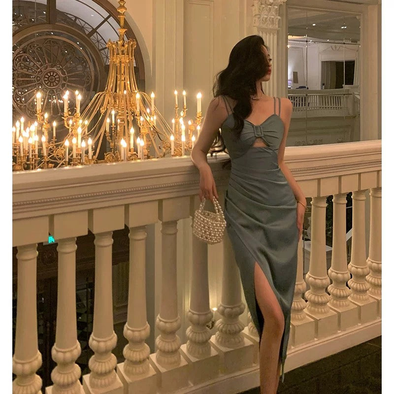 Stunning Sheath Spaghetti Straps Dusty Blue Date Night Dress Prom Dresses Birthday Outfit SD800