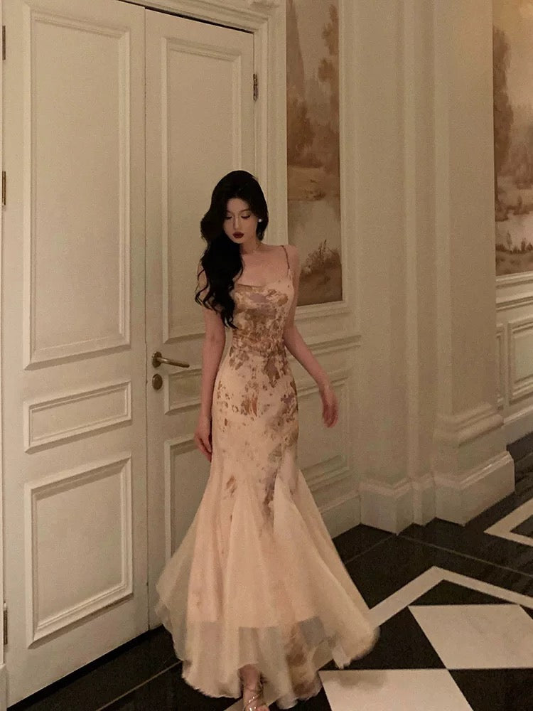 Stunning Mermaid Spaghetti Straps Champagne Floral Date Night Dress Prom Dresses Birthday Outfit SD801