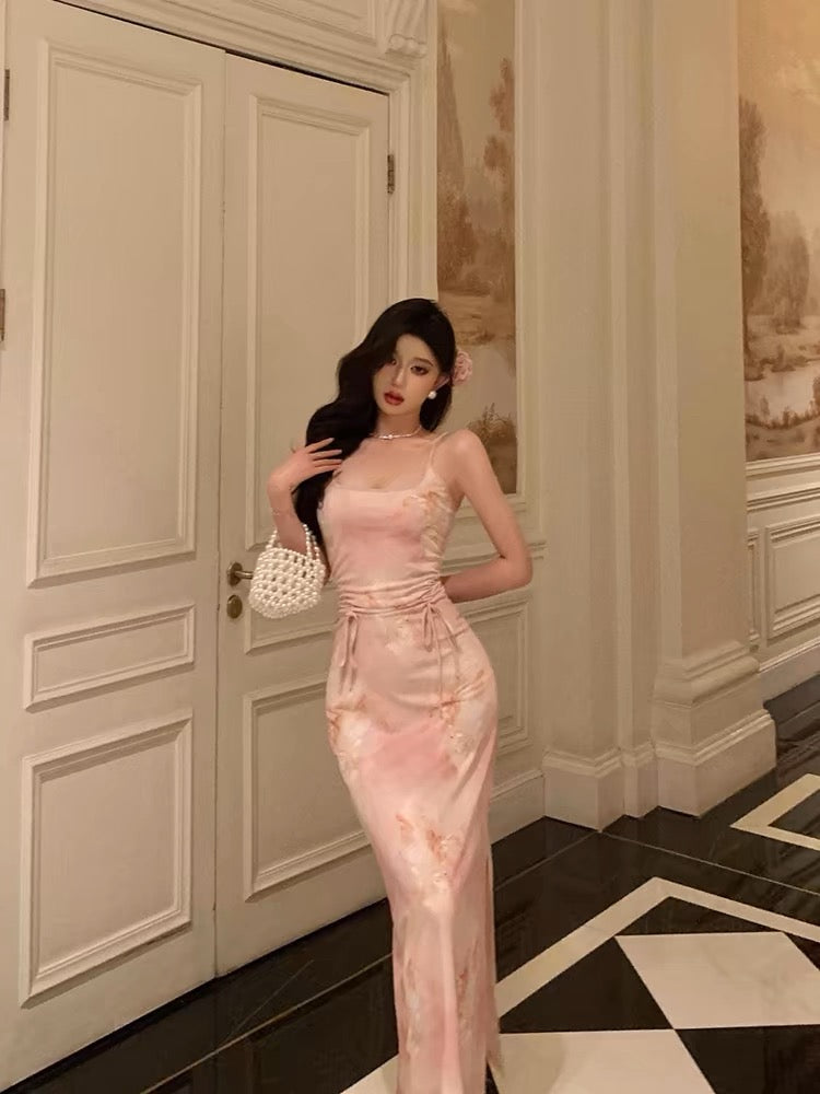 Stunning Sheath Spaghetti Straps Pink Floral Date Night Dress Prom Dresses Birthday Outfit SD802