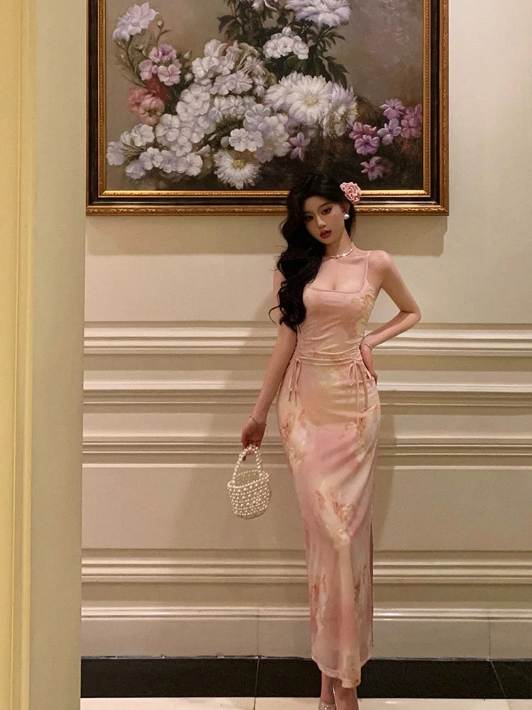 Stunning Sheath Spaghetti Straps Pink Floral Date Night Dress Prom Dresses Birthday Outfit SD802