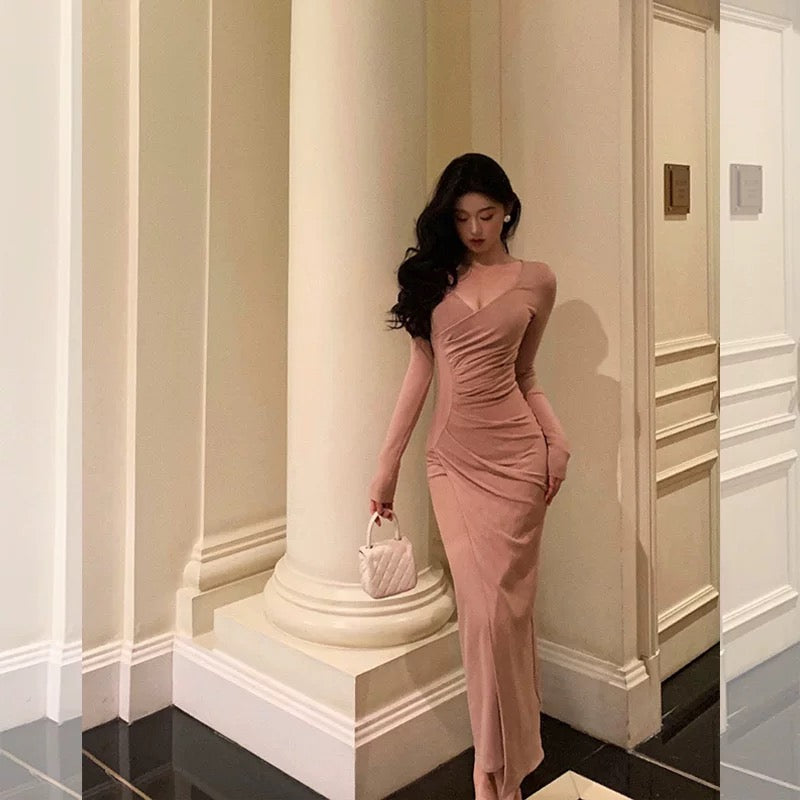 Pretty Sheath V Neckline Long Sleeves Pink Prom Dresses Birthday Outfits Evening Gown SD811