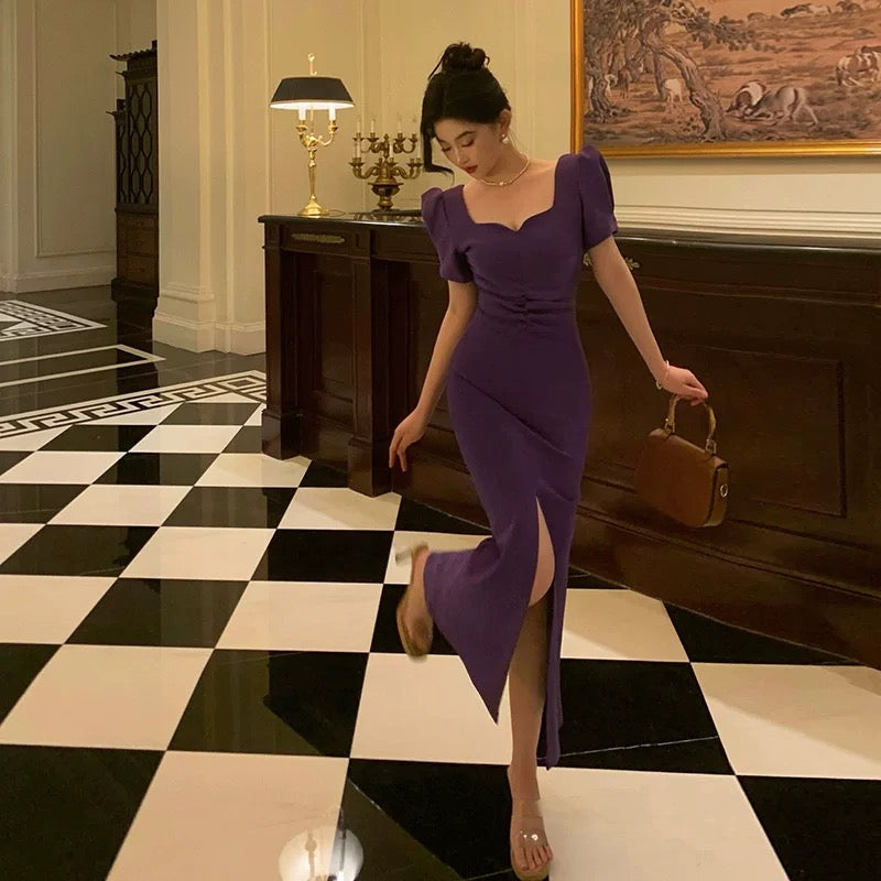 Stunning Sheath Square Neckline Short Sleeves Date Night Dress Grape Prom Dresses Birthday Outfit SD842