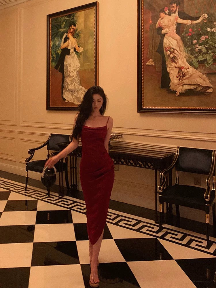 Classy Sheath Spaghetti Straps Red Slit Prom Dresses Birthday Outfits SD851