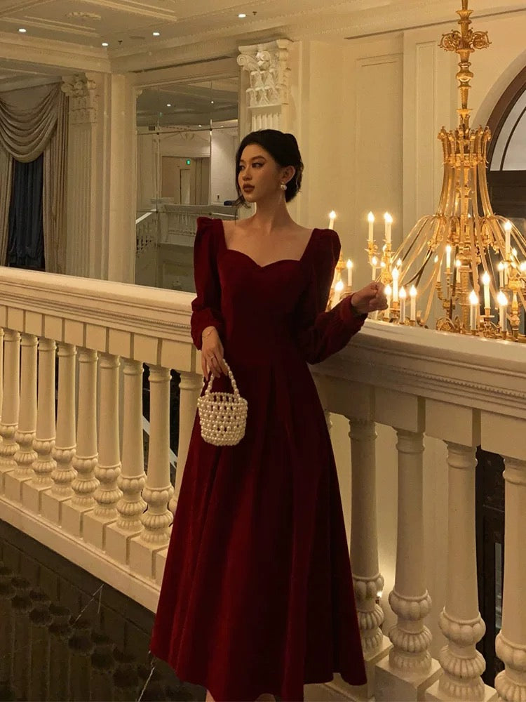 Stunning A line Square Neckline Long Sleeves Red Velvet Date Night Dress Prom Dresses Birthday Party Outfit SD872