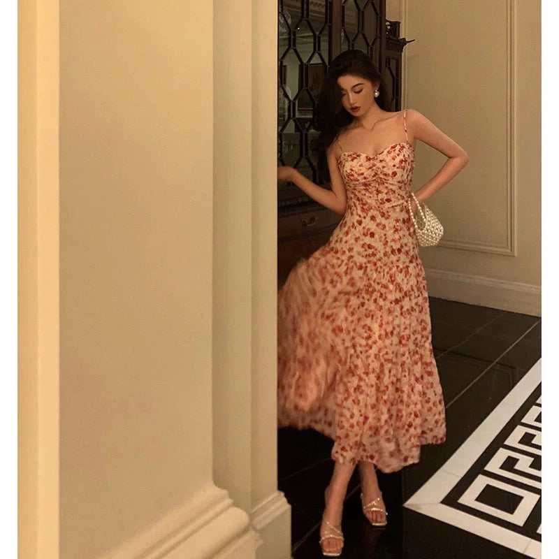 Pretty A Line Spaghetti Straps Chiffon Floral Sleeveless Date Night Dress Prom Dresses Birthday Party Outfit SD884