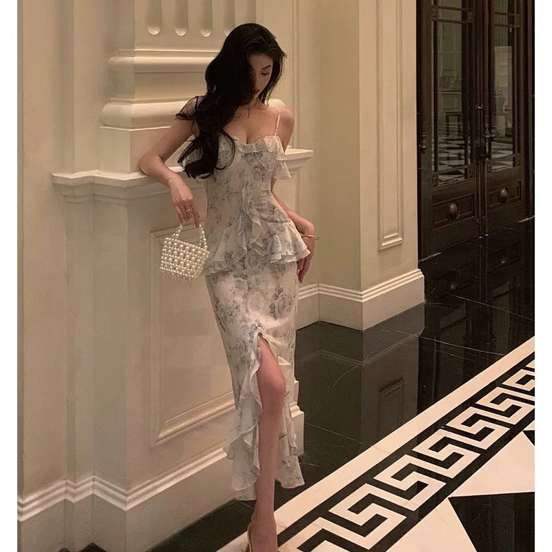 Classy Sheath Spaghetti Straps Chiffon Floral Prom Dresses Birthday Outfits Evening Gown SD912