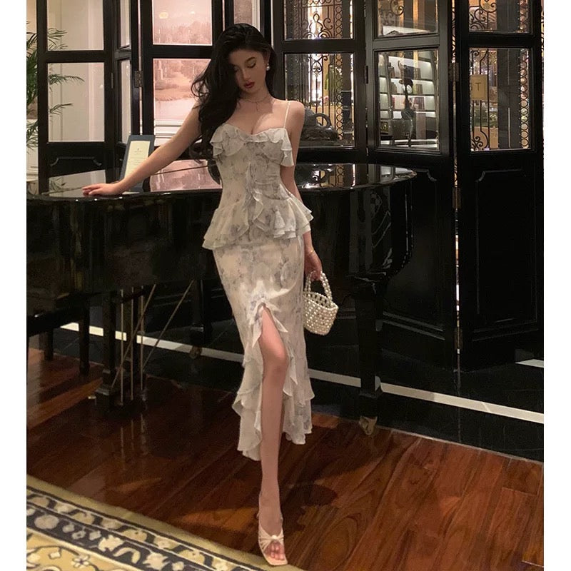 Classy Sheath Spaghetti Straps Chiffon Floral Prom Dresses Birthday Outfits Evening Gown SD912