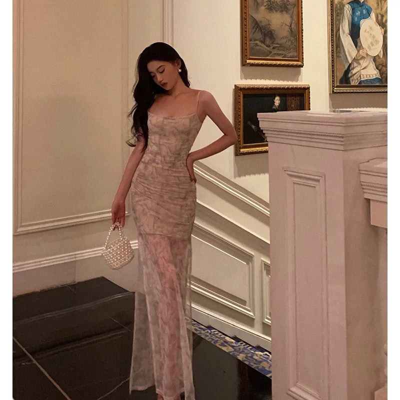 Classy Sheath Spaghetti Straps Floral Long Prom Dresses Birthday Outfits Evening Gown SD916