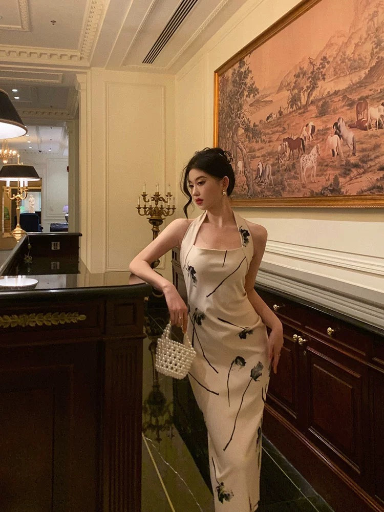 Pretty Sheath Halter Satin Floral Prom Dresses Birthday Outfits Evening Gown SD930