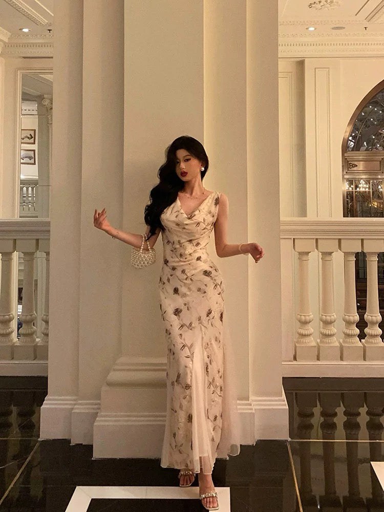 Sexy Mermaid Jewel Neckline Floral Chiffon Prom Dresses Birthday Outfits Evening Gown SD958