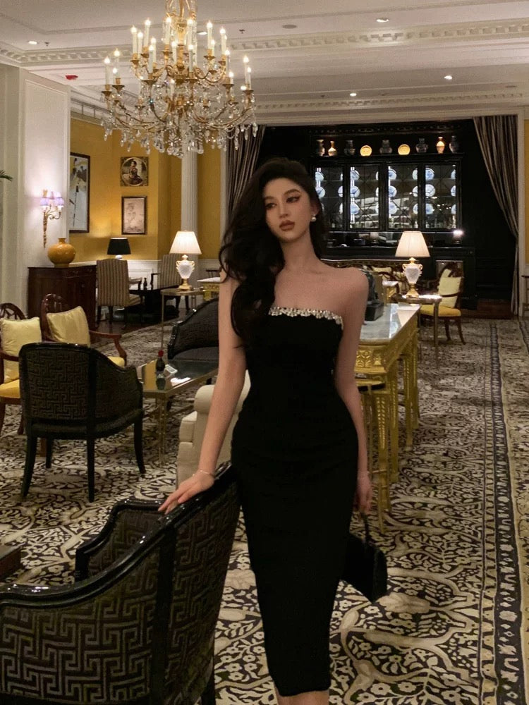 Elegant Sheath Strapless Black Prom Dresses Beads Birthday Outfits Evening Gown SD962