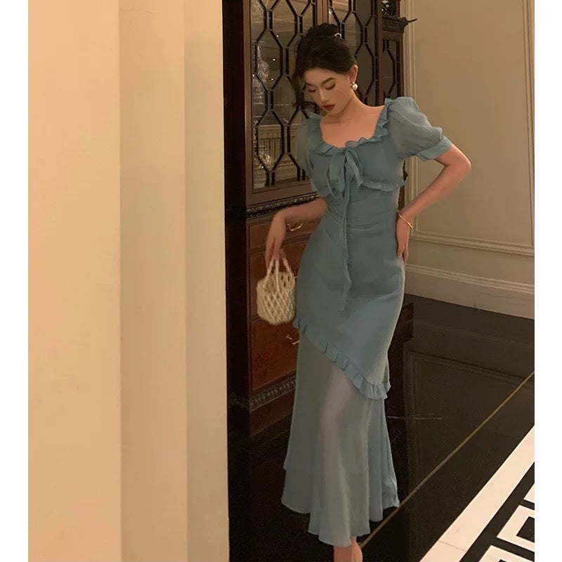 Elegant Mermaid Square Neckline Short Sleeves Blue Chiffon Prom Dresses Birthday Outfits Evening Gown SD993