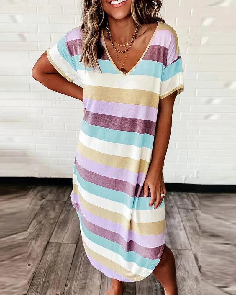 Striped V-Neck Short Sleeve Relaxed Shift Midi Dress - View 4