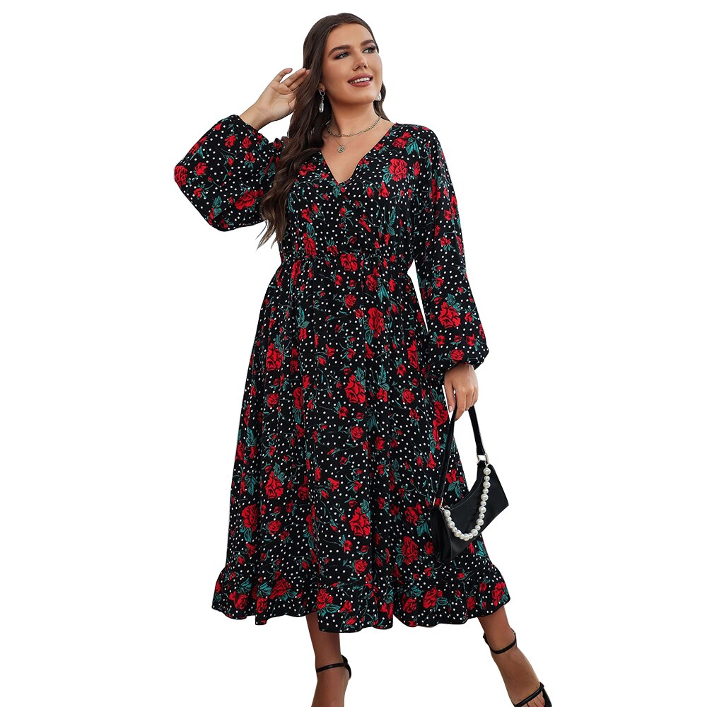 Print V-Neck Swing High Waist Loose Midi Dresses 7