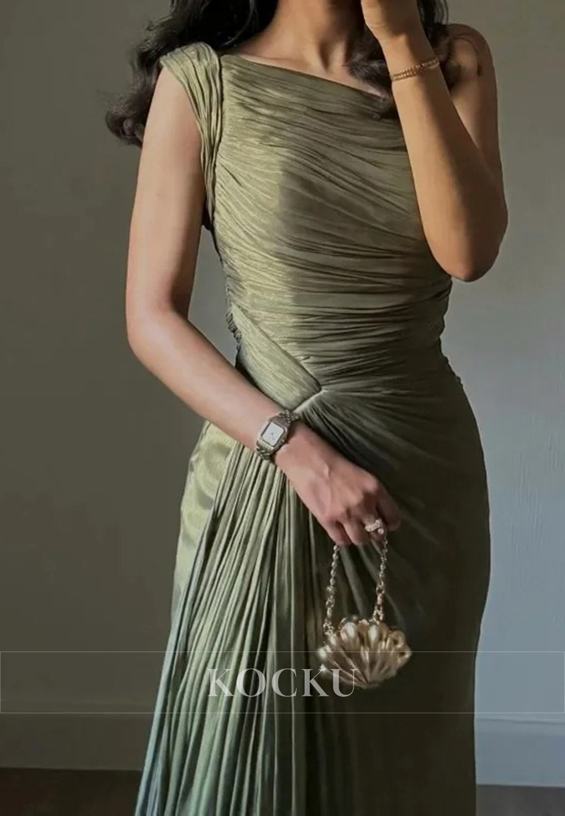 One - Shoulder Ruched Olive Green Gown with High Slit for Evening Events