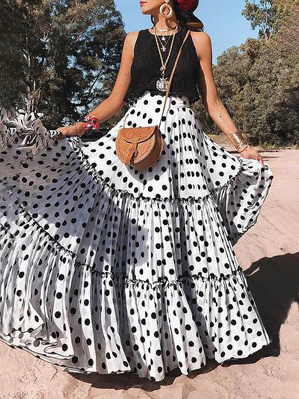 Casual Long Polka Dot Printed Halter Skirt - Fashionpara