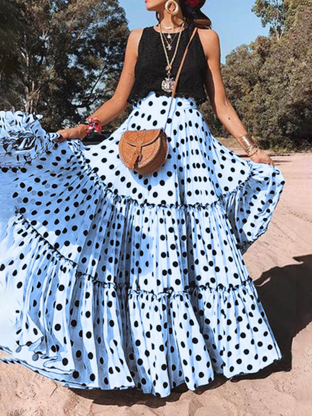 Casual Long Polka Dot Printed Halter Skirt - Fashionpara