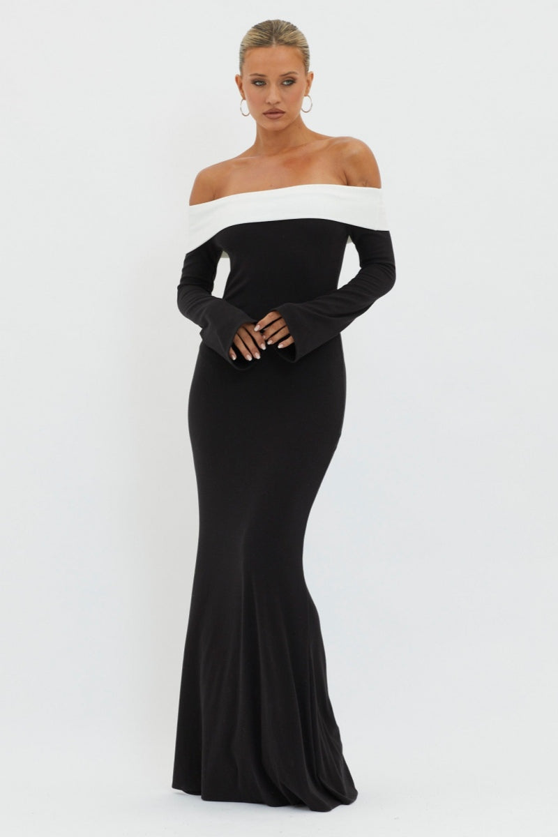 Nahir Minimalist Off the Shoulder Maxi Knit Dress Evening Wear Edit