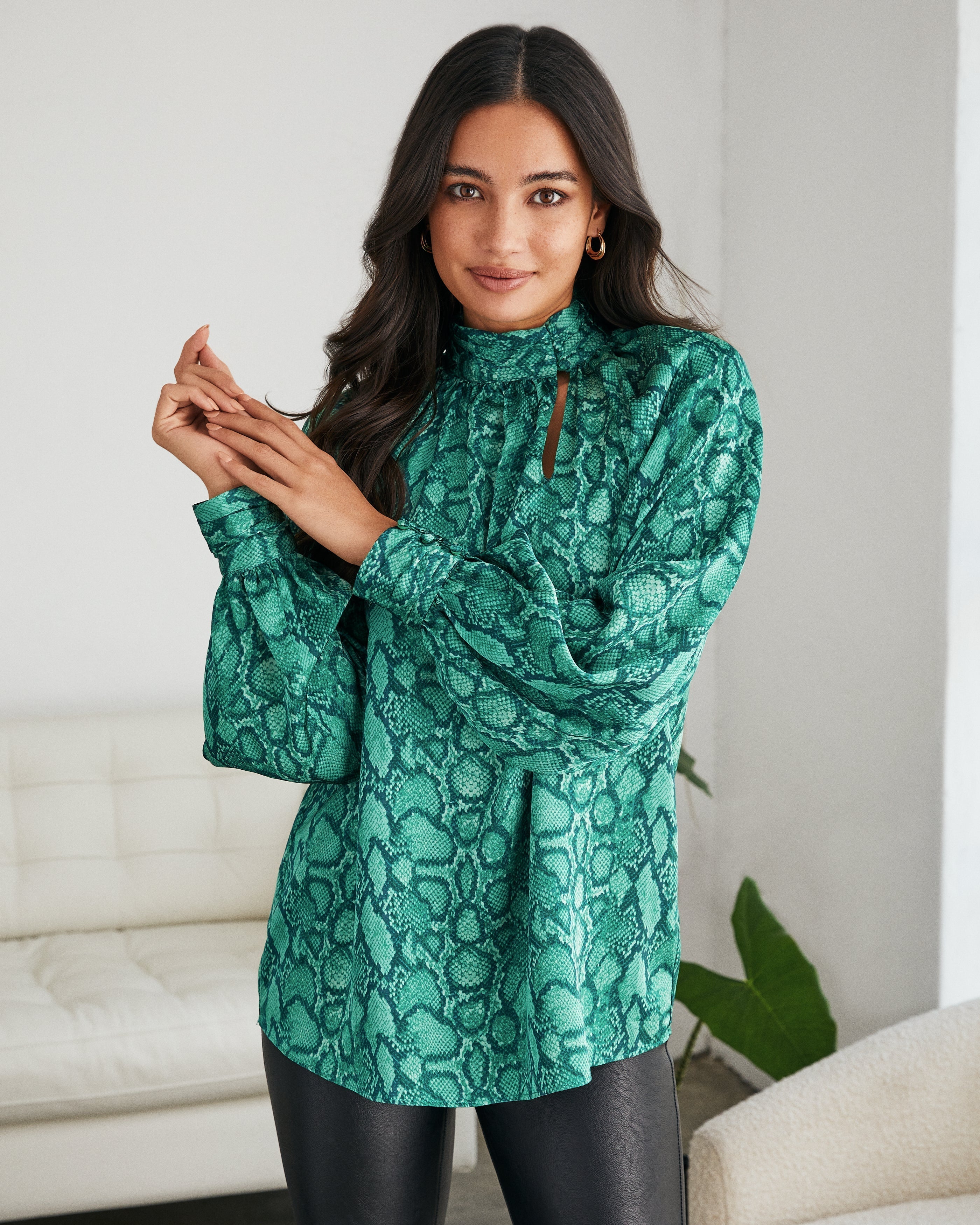 Slinky Satin Python Keyhole Blouse  Fashionpara