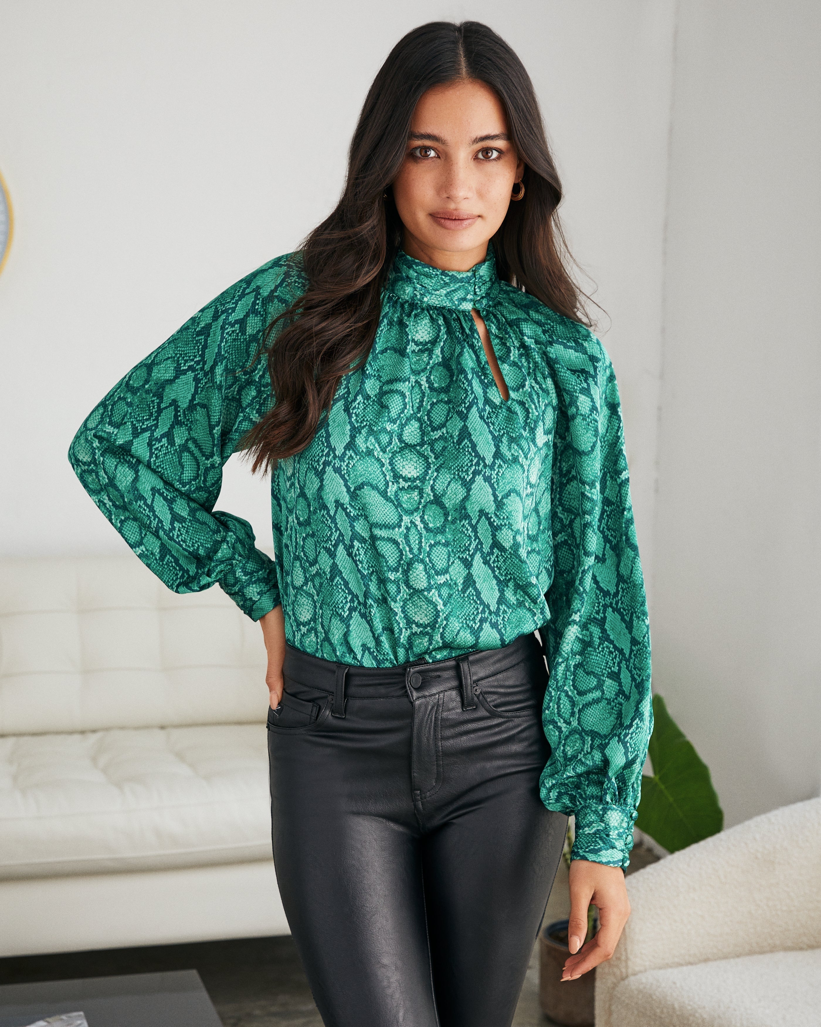 Slinky Satin Python Keyhole Blouse  Fashionpara