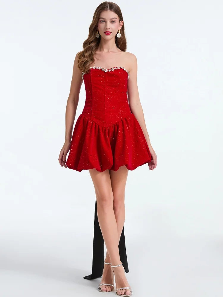 Crystal-Trim Strapless Glitter Bubble-Hem Mini Dress 2